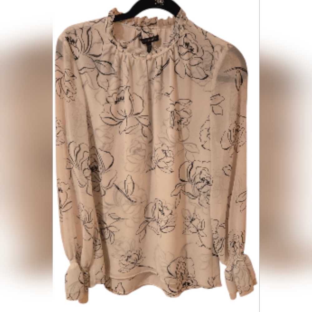 White House Black Market White Sheer with Black Flowers Blouse Size 10